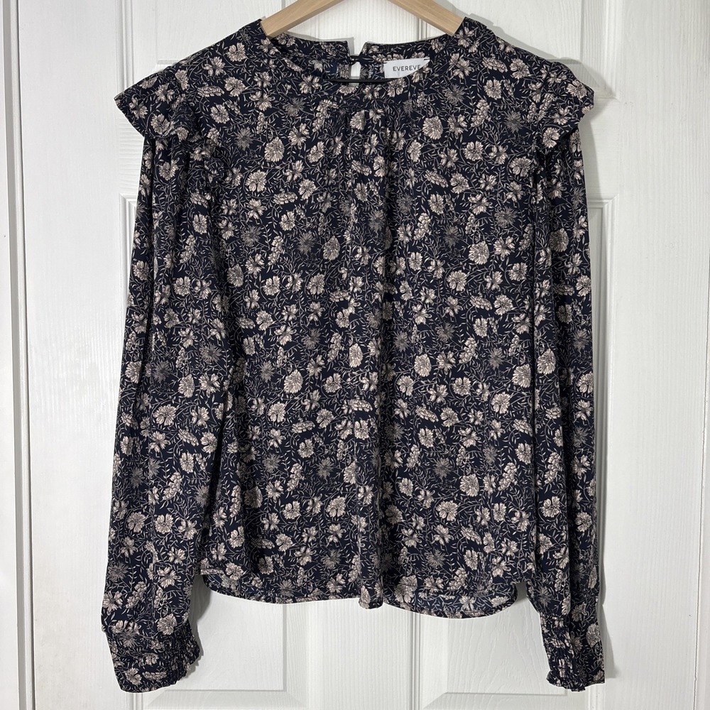 Evereve Black & Beige Floral Blouse Size Large Round Neckline Long Sleeve Ruffle